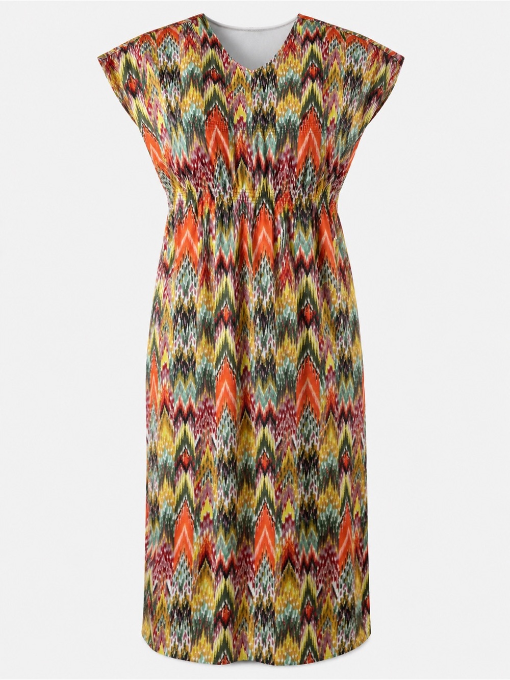 Antthony V-Neck Chevron Midi Dress in Orange, Yellow, Green & Black